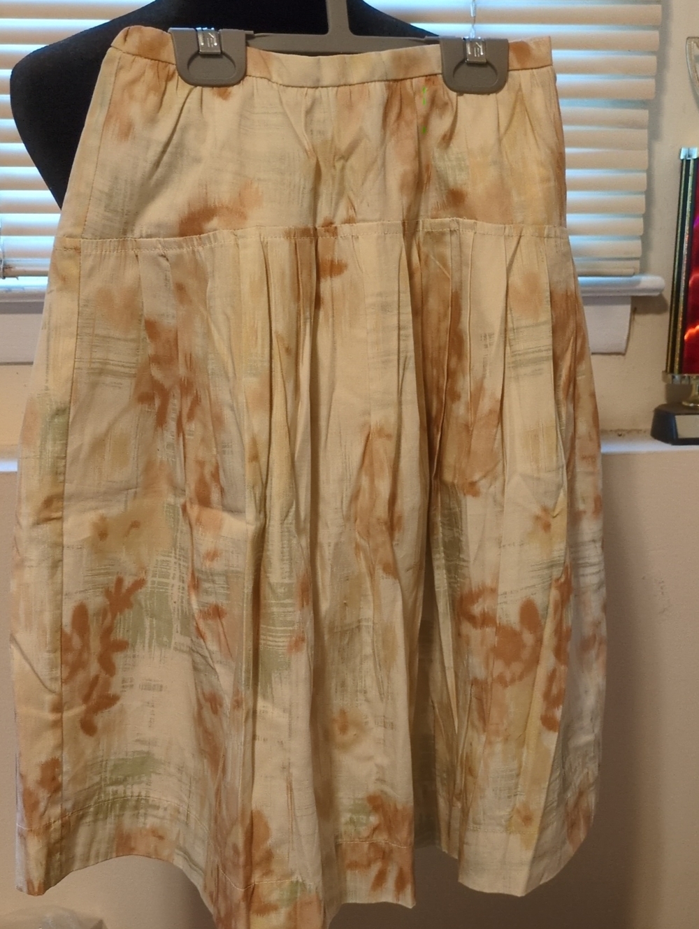 Zara Cream Floral A-Line Midi Skirt with Tan Accents